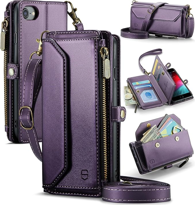 Strapurs Crossbody Wallet Case Compatible with iPhone SE/7/8 RFID Blocking 7-Card Holder Soft PU Leather Magnetic Snap Shoulder Strap Zipper Pocket Phone Cases Fit for iPhone SE 2020 2022 - Purple
