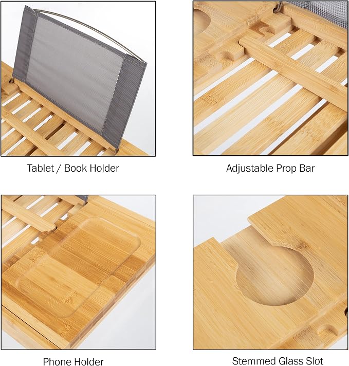 Bamboo Bathtub Tray - Wood Bath Caddy with Book, Phone, or Tablet Rest, Cup Holder, and Extended Sides for Bath Accessories by Lavish Home (Natural)