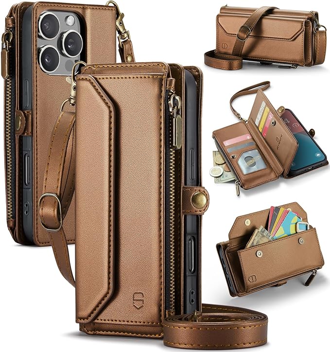 Strapurs Wallet Case Compatible with iPhone 16 Pro 6.3" RFID Blocking 10-Card Holder Soft PU Leather Magnetic Snap Shoulder Strap Zipper Pocket Phone Case Fit for iPhone 16 Pro for Women - Brown