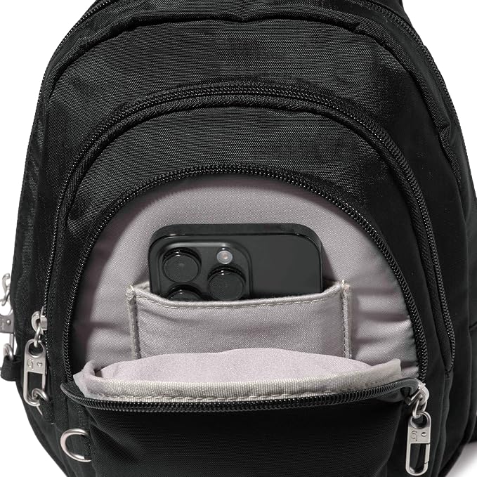 Baggallini Securtex® Anti-Theft Multi Zip Sling - Lightweight 8.6"x15.2" Travel Bag with Locking Zippers & RFID Protection