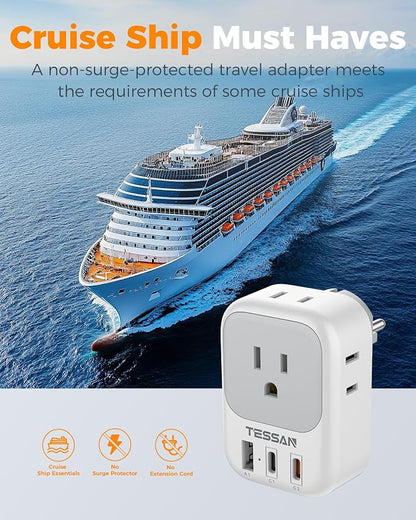 TESSAN Type E F Travel Plug Adapter PD 20W, 7 in 1 Germany France Power Adaptor with 4 Outlets 3 USB (2 USB-C), South Korea Outlet Adapters for US to Europe EU Spain Iceland Greece Portugal, 2 Pack
