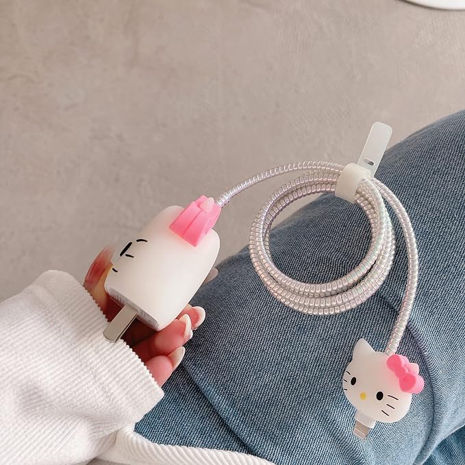 3D Cute Cartoon Wall Charger Protector Case - Compatible for Apple 20W USB-C Power Adapter and Lightning Cable No.01(4in1)