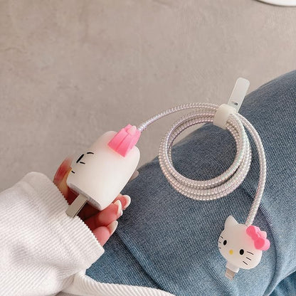 3D Cute Cartoon Wall Charger Protector Case - Compatible for Apple 20W USB-C Power Adapter and Lightning Cable No.01(4in1)