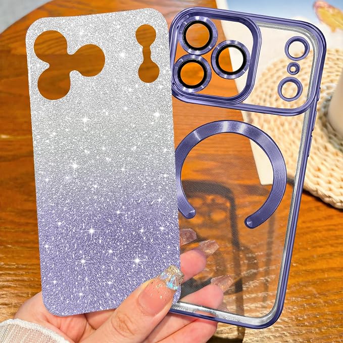 Hython for iPhone 17 Pro Case Glitter Clear Magnetic Phone Cases [Compatible with MagSafe] Full Camera Lens Protector Sparkle Luxury Plating Slim Shockproof Protective Cover, Gradient Light Purple