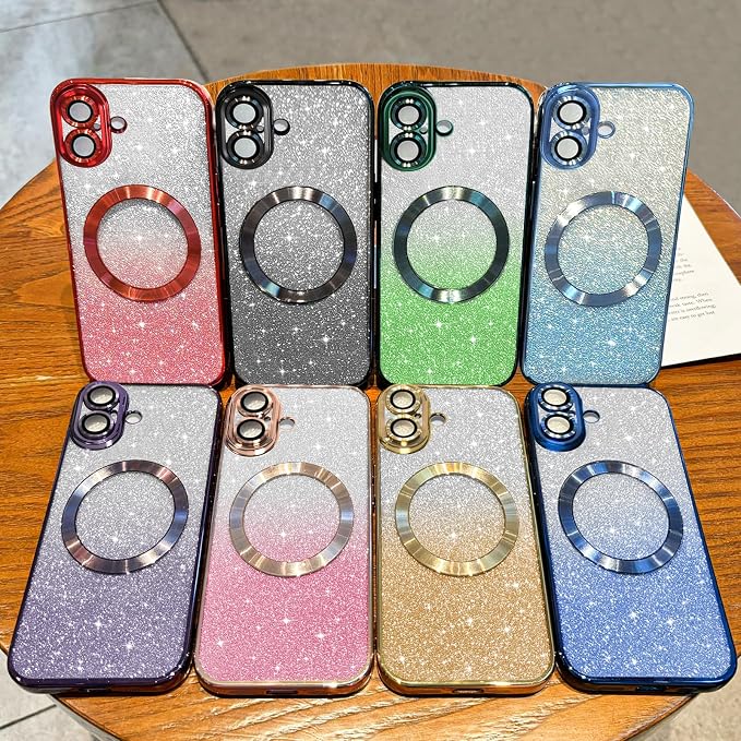 Hython for iPhone 17 Case Glitter Clear Magnetic Phone Cases [Compatible with MagSafe] Full Camera Lens Protector Sparkle Luxury Plating Slim Shockproof Protective Cover, Gradient Deep Blue