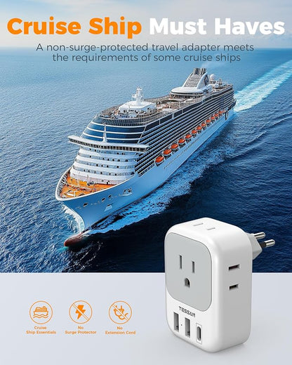 TESSAN Brazil Plug Adapter 2 Pack, 7 in 1 US to Brazil Power Adapter | 3 USB Ports (1 USB-C PD 20W Port) 4 American Outlets, Type N Travel Adaptor for USA to Brazilian