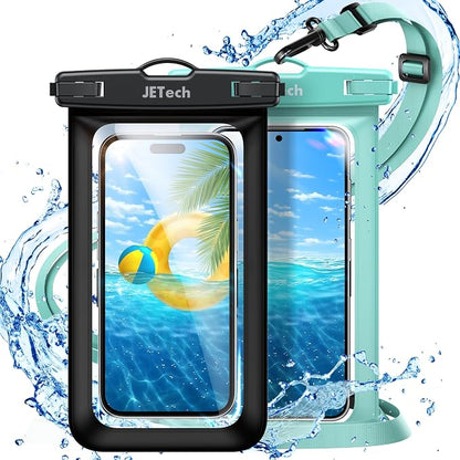 JETech Waterproof Phone Pouch, 2 Pack Water Proof Case for iPhone 17e 17 16e 16 15 14 Air Pro Max Plus, Galaxy S26 S25 Ultra, Pixel 10 Series and Others up to 7.2 Inch, IPX8 Dry Bag (Black+Green)