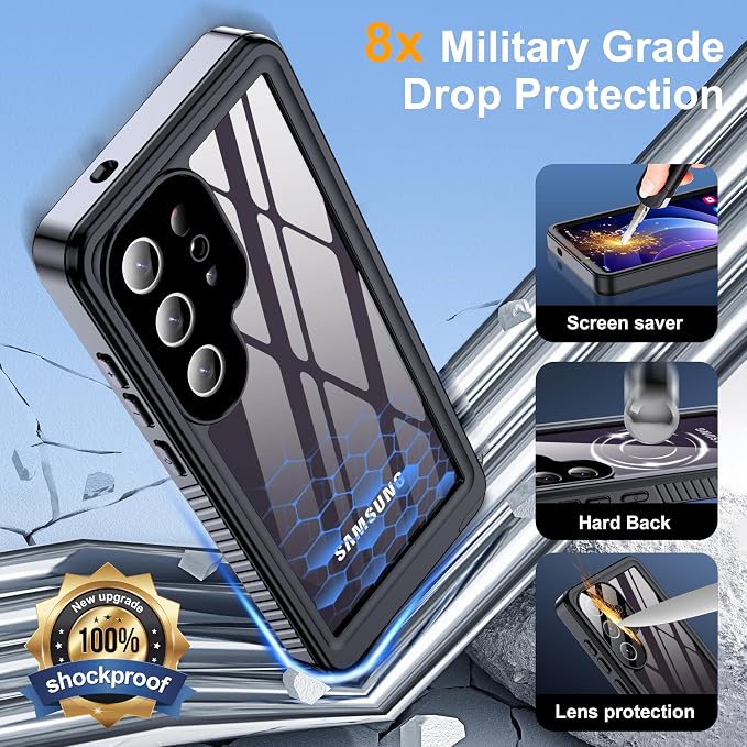 GOLDJU for Samsung Galaxy S25 Ultra Case Waterproof,IP68 Waterproof Dustproof Case with Built-in Screen Protector, Full Body Protective Phone Cover for Galaxy S25 Ultra 6.9 Inch, Black/Clear