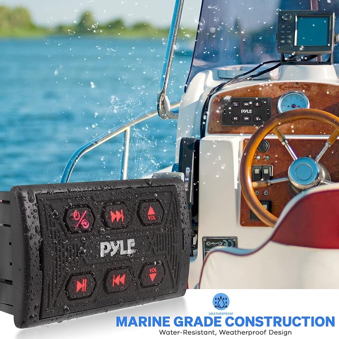 Pyle PLMRBTSQ1 Bluetooth Car Radio, Waterproof Marine Receiver, USB & AUX Inputs, IPX6 Rated, Universal Mounting, Includes 3.5mm Cable, Wireless Range 30ft