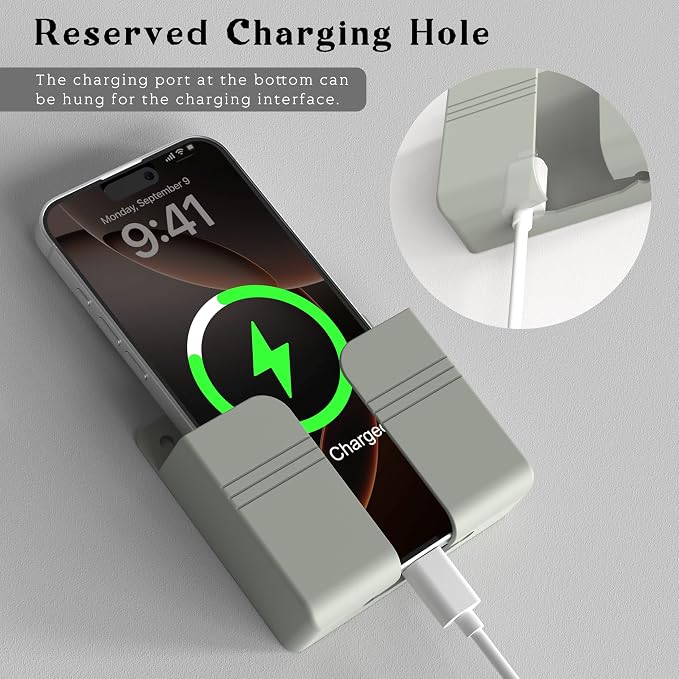 Wall Mounted Phone Holder with Adhesive, No-Drill Phone Stand for Charging, Built-in Cable Slot, Phone Holder for Bathroom, Bedroom, Kitchen, RV, Compatible with iPhone & Android, Gray