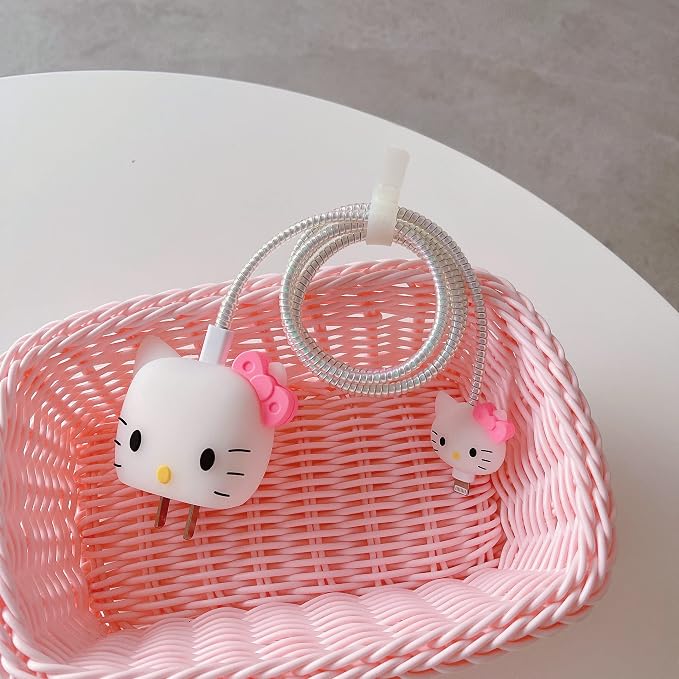 3D Cute Cartoon Wall Charger Protector Case - Compatible for Apple 20W USB-C Power Adapter and Lightning Cable No.01(4in1)