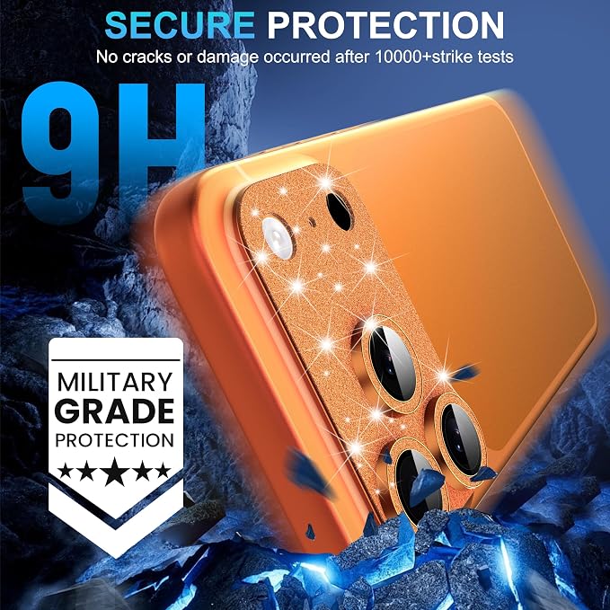 Suoman for iPhone 17 Pro Camera Lens Protector, [All-in-one] [Strong-Adhesion] Bling Glitter Independent Metal Frame Tempered Glass Camera Lens Cover -Orange