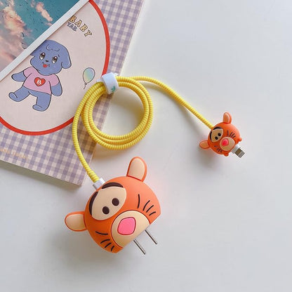 3D Cute Cartoon Charger Protector Case - Compatible for Apple 20W USB-C Power Adapter and Lightning Cable (Orange Tiger)