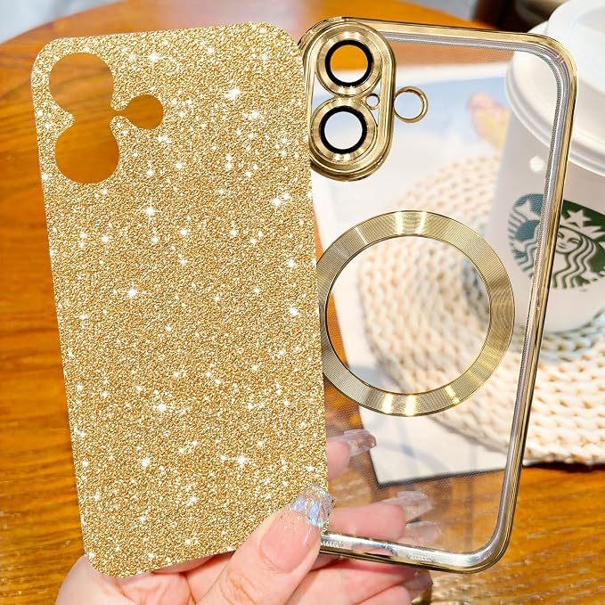 Hython for iPhone 17 Case Glitter Clear Magnetic Phone Cases [Compatible with MagSafe] Full Camera Lens Protector Sparkle Luxury Plating Slim Shockproof Protective Cover Women, Gold