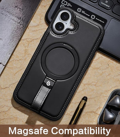 for iPhone 17 Leather Case with Stand, Anti-Slip Grip Ring, Fits for MagSafe (Black, iPhone 17)