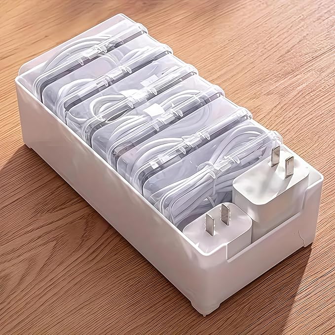 11 Grid Clear Cable Organizer Box with Switch for Desktop Cord Storage | Office desktop use, home wire sorting, stationery storage, detachable dividers, tidy cable arrangement