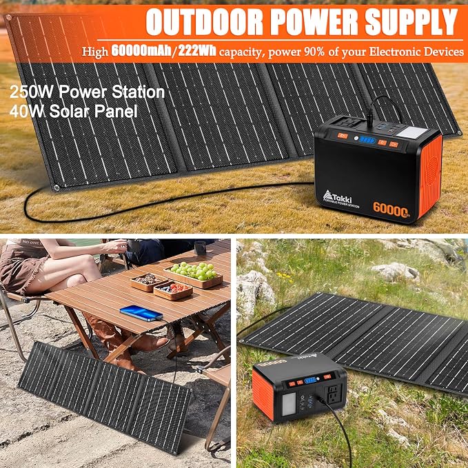 Takki Solar Generator 250W Portable Power Station with 40W Solar Panels 222Wh Pure Sine Wave Camping Lithium Battery Power Pack with AC 110V Outlet for Camping CPAP Home Use Emergency Outdoor
