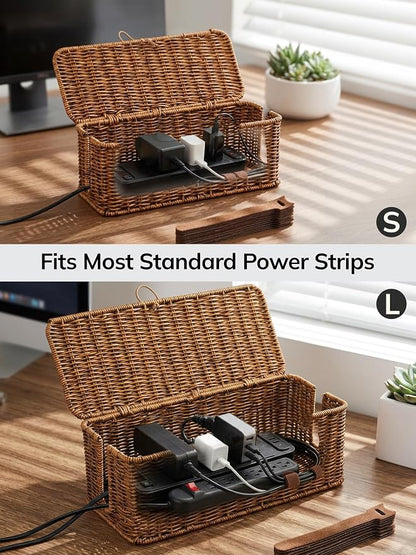 BROWNLILY Rattan Wire Storage Box, Handmade Cord Organizer for Desk Cord Hider Outlet Covers for Power Strip TV PC Router Charger Under Desk Cable Management Box
