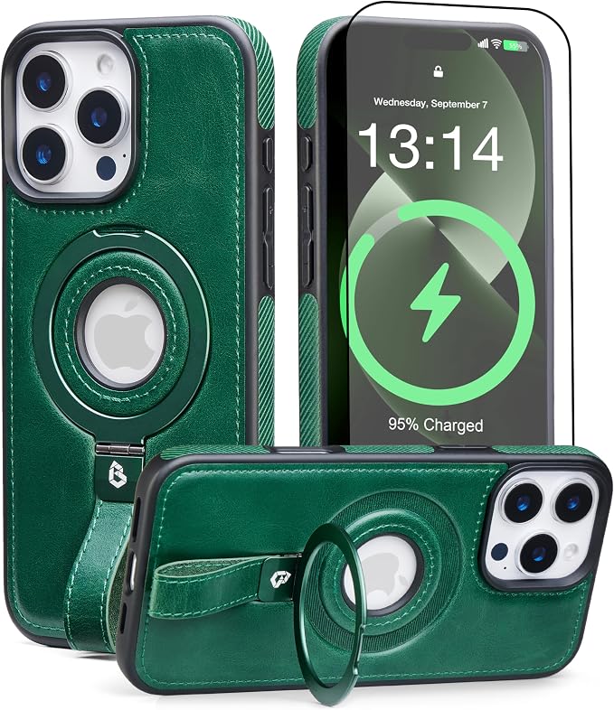 for iPhone 13 Pro Leather Case with Stand, Anti-Slip Grip Ring, Fits for MagSafe (Green, iPhone 13 Pro)