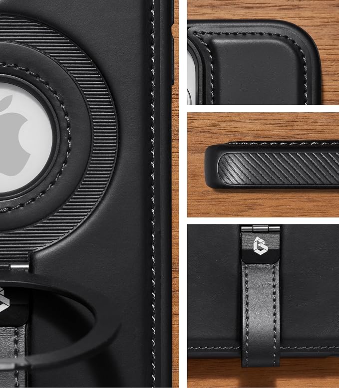 for iPhone 16 Pro Leather Case with Stand, Anti-Slip Grip Ring, Fits for MagSafe (Black, iPhone 16 Pro)