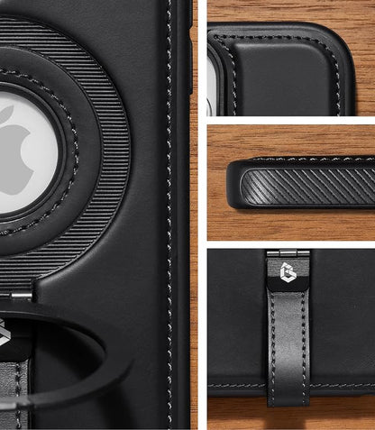for iPhone 12 / iPhone 12 Pro Leather Case with Stand, Anti-Slip Grip Ring, Fits for MagSafe (Black, iPhone 12/12 Pro)