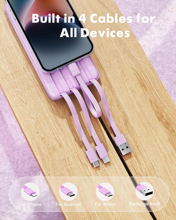 charmast 10000mAh Portable Charger,Built-in 4 Cables,6 Outputs/3 Inputs,3A Fast Charging,Compatible with iPhone,iPad,Samsung,Pixel,LG