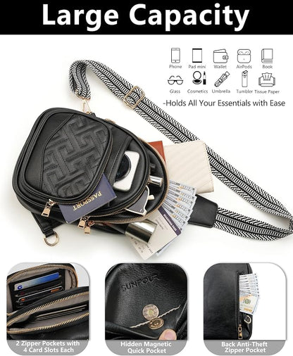 Anti Theft Crossbody Bags for Women, RFID Vegan Leather Sling Purse for Travel, Chest Bag, Cross Body Purses & Fanny Packs(Black) | Multi-Pocket, 8 RFID Card Slots, Structured bag, Quilted Design