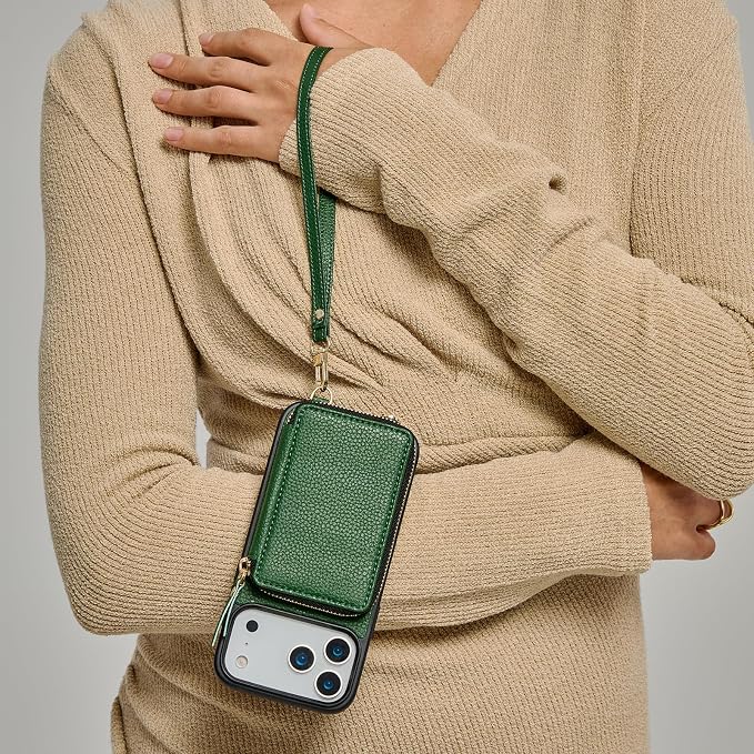 ZVE for iPhone 17 Pro Max Wallet Case Crossbody, Zipper Purse with Card Holder Wrist Strap for Women 6.9" Dark Green