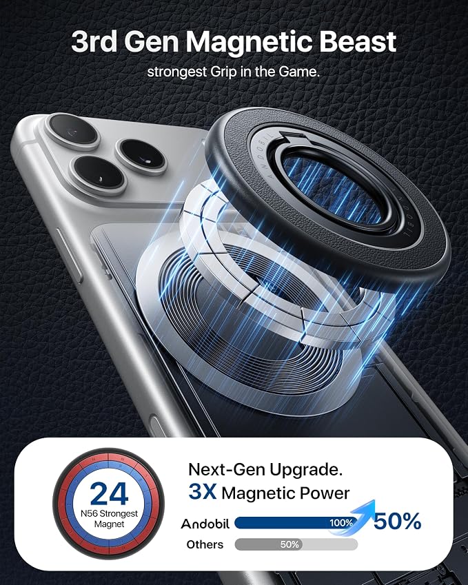 andobil [2026 Premium Leather] Magnetic Phone Grip for MagSafe [Sability Max] Stronger Two-Sided Magnet Cell Phone Ring Holder for MagSafe Accessories & iPhone 17 Air 16 Pro Max Plus 15 14 13 12 Black