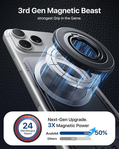andobil [2026 Premium Leather] Magnetic Phone Grip for MagSafe [Sability Max] Stronger Two-Sided Magnet Cell Phone Ring Holder for MagSafe Accessories & iPhone 17 Air 16 Pro Max Plus 15 14 13 12 Black