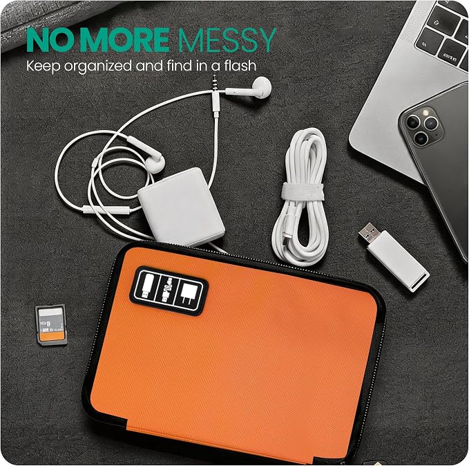 Cord Organizer Travel, Electronics Organizer Tech Pouch - Portable Cable Organizer Bag for Cords, Charger, Phone, SD Card, Power Bank for Travel & Daily Use -Orange Green