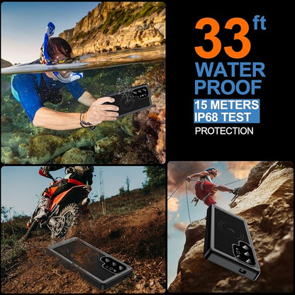 GOLDJU 2025 New Designed for S24 Ultra Leather Case Waterproof, [Built-in Screen Protector, ][Compatible with MagSafe] Full Body Shockproof Protective Cover for Samsung Galaxy S24 Ultra 6.8'' - Black