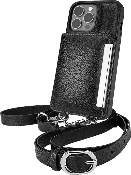 Smartish iPhone 13 Pro Crossbody Wallet Case for Women - Dancing Queen [Purse/Clutch with Detachable Strap & Wristlet] Protective Cover with Credit Card Holder - Stiletto Black-Silver