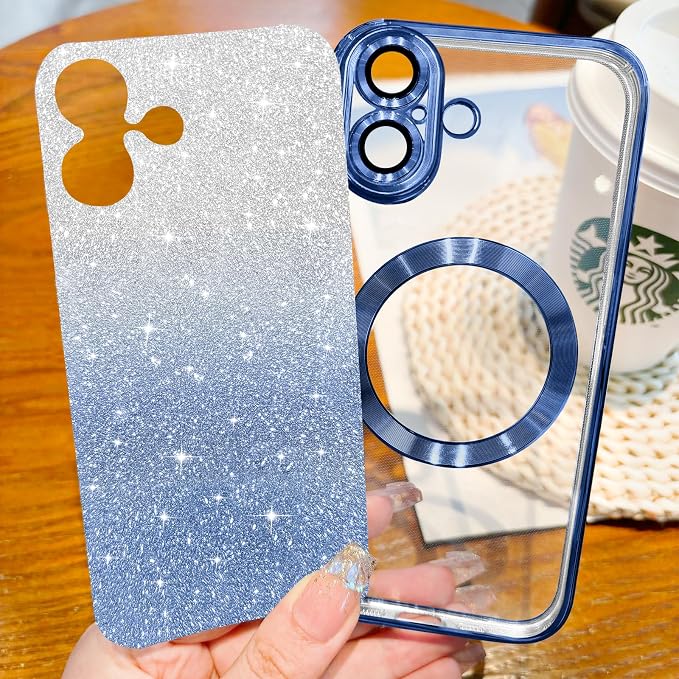Hython for iPhone 17 Case Glitter Clear Magnetic Phone Cases [Compatible with MagSafe] Full Camera Lens Protector Sparkle Luxury Plating Slim Shockproof Protective Cover, Gradient Deep Blue