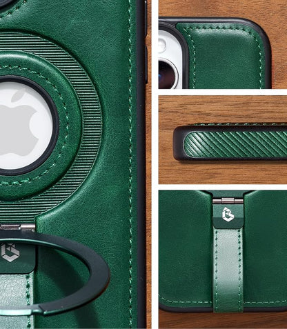 for iPhone 13 Pro Max Leather Case with Stand, Anti-Slip Grip Ring, Fits for MagSafe (Green, iPhone 13 Pro Max)