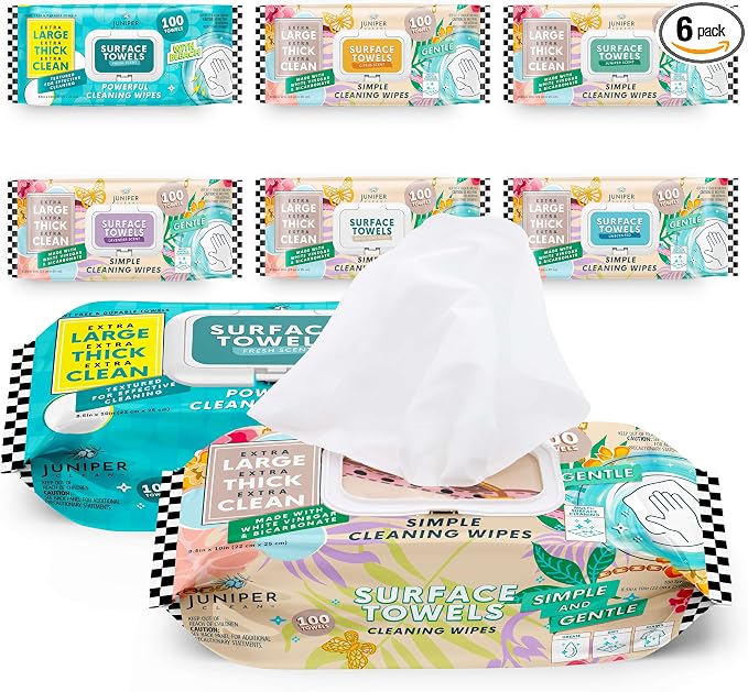 6 Packs Surface Cleaning Wipes, Thick & Large Dispose, All-Purpose Cleaner for Bathroom, Kitchen, Office, 100 Count Soft Flow, Biodegradable, Mix Scent