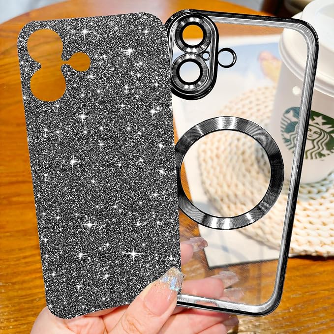 Hython for iPhone 17 Case Glitter Clear Magnetic Phone Cases [Compatible with MagSafe] Full Camera Lens Protector Sparkle Luxury Plating Slim Shockproof Protective Cover Women, Black