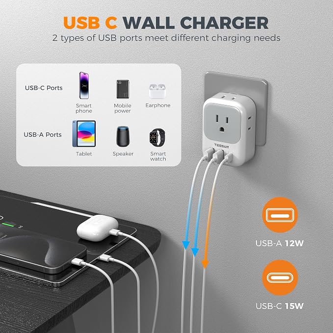 TESSAN Switzerland Travel Plug Adapter, Type J Plug, 2 Pack | 4 Outlets, 3 USB Charging Ports (1 USB C PD 20W), US to Switzerland, Liechtenstein, Rwanda