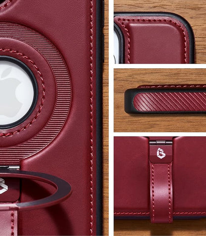 for iPhone 13 Pro Max Leather Case with Stand, Anti-Slip Grip Ring, Fits for MagSafe (Burgundy, iPhone 13 Pro Max)