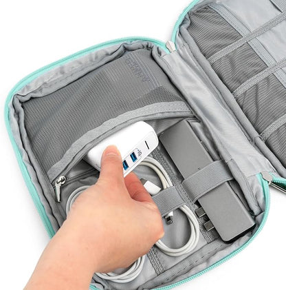 PAVILIA Travel Cord Organizer Case for Cables & Chargers, Teal Blue | 10 x 6.8 x 1.7 in 600D water-repellent electronics bag pouch with 7 loops, 5 mesh pockets, front zip pocket and dual zippers