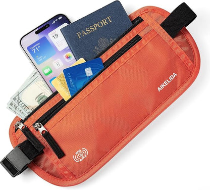 RFID Blocking Money Belt - Passport Holder & Travel Wallet, Slim Hidden Fanny Packs for Women Men - Orange