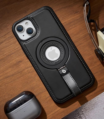 for iPhone 14 /iPhone 13 Leather Case with Stand, Anti-Slip Grip Ring, Fits for MagSafe (Black, iPhone 14/13)