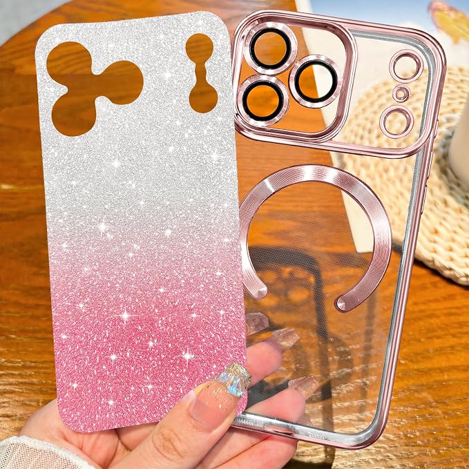 Hython for iPhone 17 Pro Case Glitter Clear Magnetic Phone Cases [Compatible with MagSafe] Full Camera Lens Protector Sparkle Luxury Plating Slim Shockproof Protective Cover Women, Gradient Pink