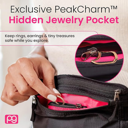 Peak Gear Women’s Money Belt - Hidden Travel Waist Pouch for Women | RFID Blocking, Slim Under-Clothes Passport Holder with PeakCharm Jewelry Pocket + 2 ReturnMe™ Recovery Tags