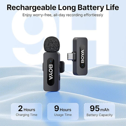 BOYA BY-V10 USB-C Wireless Lavalier Microphone for iPhone16/15 Android, Type-C Smartphone Laptop, Noise Canceling, Mini Clip-on Microphone for YouTube, Podcast, Facebook, TikTok Vlogging Recordings