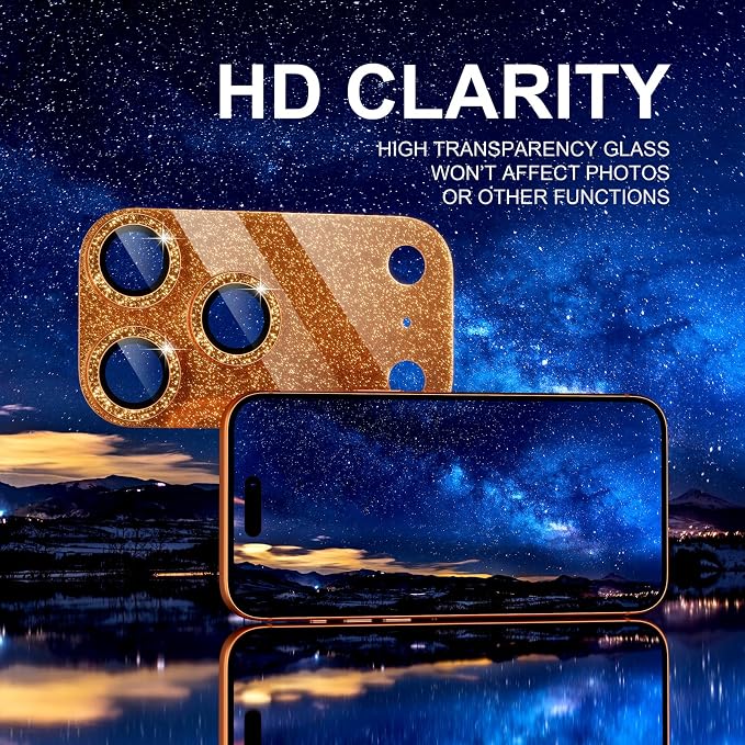 Choiche Compatible for iPhone 17 Pro Camera Lens Protector, Bling Camera Cover with 9H Tempered Glass Lens Screen Protector Metal Ring Decoration Accessories 6.3-inch (Glitter-Orange)