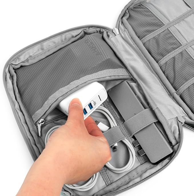 PAVILIA Travel Cord Organizer Case for Cables & Chargers, Gray | 10 x 6.8 x 1.7 in 600D water-repellent electronics bag pouch with 7 loops, 5 mesh pockets, front zip pocket and dual zippers
