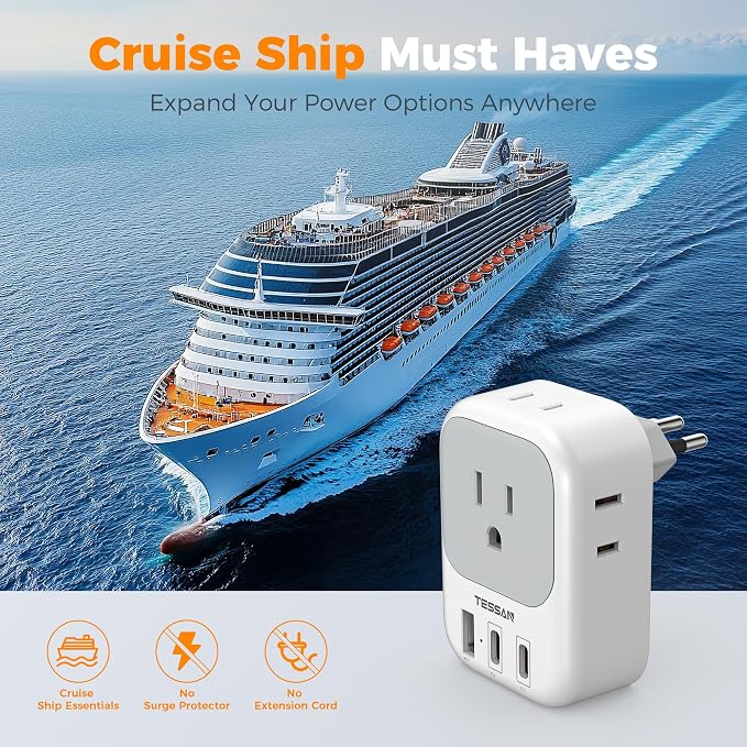 TESSAN US‑Brazil Plug Adapter, Type‑N Adaptor 2‑Pack | 4 Outlets,3 USB Ports (2 USB‑C PD20W), 7‑in‑1 Design