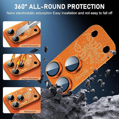 Compatible for iPhone 17 Pro Max Camera Lens Protector, Aquarius Pattern, Drop Protection, Anti Scratch Full-Coverage, AR 360-Degree Protection, Camera Transmfttance HD, Easy Installation, Orange