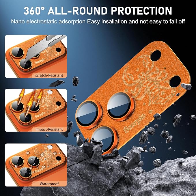 Compatible for iPhone 17 Pro Max Camera Lens Protector, Scorpio Pattern, Drop Protection, Anti Scratch Full-Coverage, AR 360-Degree Protection, Camera Transmfttance HD, Easy Installation, Orange